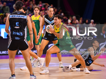 Dravyn Lee-Tauroa of Australia competes in the Fast5 Netball World Series match between New Zealand and Australia at the Wolfbrook Arena in...