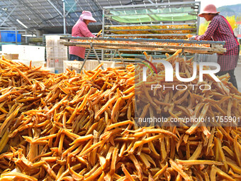 A farmer sorts dried sweet potatoes in Zaozhuang, China, on November 9, 2024. (