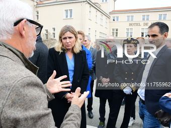 Mrs. Yael Braun Pivet, President of the National Assembly, visits the market of Neuville sur Saone in Rhone, France, on November 8, 2024. (