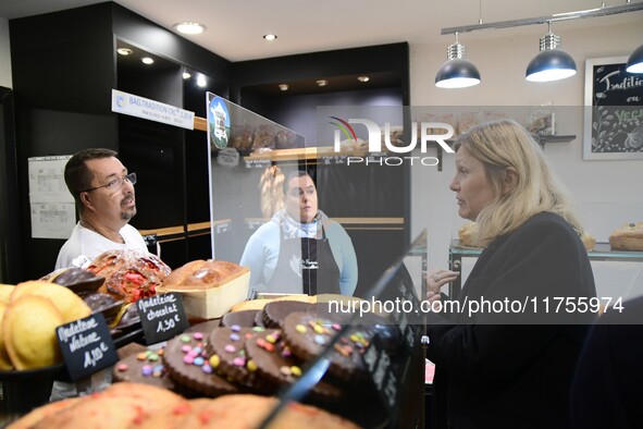 Mrs. Yael Braun Pivet, President of the National Assembly, visits the market of Neuville sur Saone in Rhone, France, on November 8, 2024. 