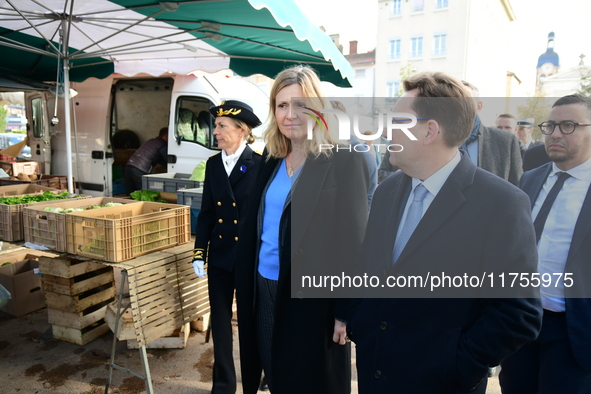 Mrs. Yael Braun Pivet, President of the National Assembly, visits the market of Neuville sur Saone in Rhone, France, on November 8, 2024. 