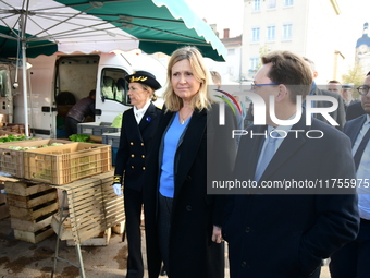 Mrs. Yael Braun Pivet, President of the National Assembly, visits the market of Neuville sur Saone in Rhone, France, on November 8, 2024. (