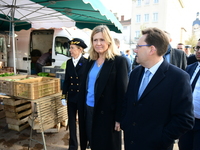 Mrs. Yael Braun Pivet, President of the National Assembly, visits the market of Neuville sur Saone in Rhone, France, on November 8, 2024. (