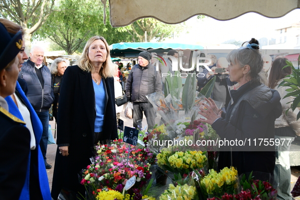 Mrs. Yael Braun Pivet, President of the National Assembly, visits the market of Neuville sur Saone in Rhone, France, on November 8, 2024. 