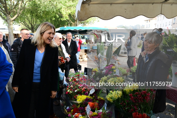 Mrs. Yael Braun Pivet, President of the National Assembly, visits the market of Neuville sur Saone in Rhone, France, on November 8, 2024. 