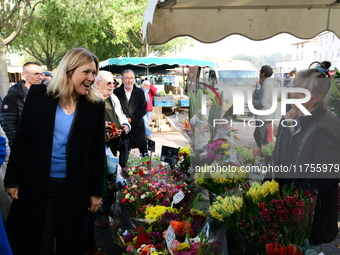 Mrs. Yael Braun Pivet, President of the National Assembly, visits the market of Neuville sur Saone in Rhone, France, on November 8, 2024. (