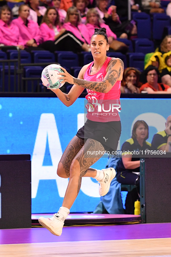 Erena Mikaere of New Zealand jumps for the ball during the Fast5 Netball World Series match between New Zealand and Australia in Christchurc...