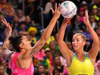 Matissa Letherbarrow of Australia and Erena Mikaere of New Zealand compete in the Fast5 Netball World Series match between New Zealand and A...