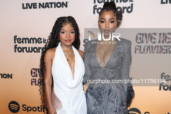 Halle Bailey and sister Chloe Bailey arrive at the 3rd Annual Femme It Forward 'Give Her FlowHERS' Awards Gala 2024 held at The Beverly Hilt...