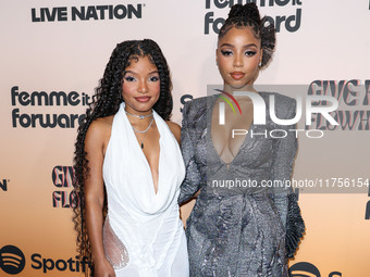 Halle Bailey and sister Chloe Bailey arrive at the 3rd Annual Femme It Forward 'Give Her FlowHERS' Awards Gala 2024 held at The Beverly Hilt...