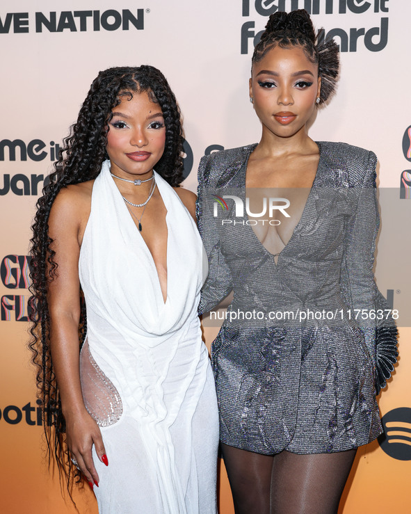 Halle Bailey and sister Chloe Bailey arrive at the 3rd Annual Femme It Forward 'Give Her FlowHERS' Awards Gala 2024 held at The Beverly Hilt...