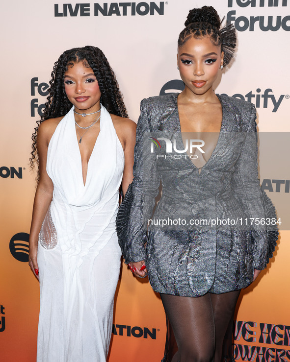 Halle Bailey and sister Chloe Bailey arrive at the 3rd Annual Femme It Forward 'Give Her FlowHERS' Awards Gala 2024 held at The Beverly Hilt...