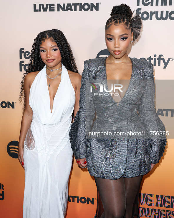 Halle Bailey and sister Chloe Bailey arrive at the 3rd Annual Femme It Forward 'Give Her FlowHERS' Awards Gala 2024 held at The Beverly Hilt...