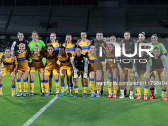 Tigres women's players pose before the first leg quarter-final match of the Apertura 2024 of the Liga BBVA MX Femenil, between the Pumas of...