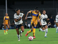 Aerial Chavarin, number 20 of Pumas Femenil, dribbles the ball during the quarterfinals, first leg match of the Apertura 2024 of the Liga BB...