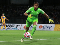 Goalkeeper Aurora Santiago #1 of Tigres Femenil watches the ball during the first leg quarter-final match of the Apertura 2024 of the Liga B...