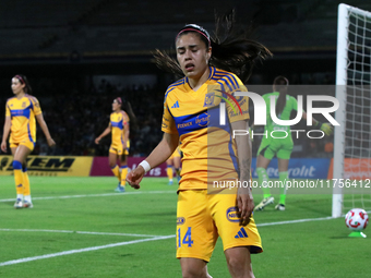 Lizbeth Ovalle #14 of Tigres Femenil laments during the first leg quarterfinals match of the Apertura 2024 of the Liga BBVA MX Femenil, betw...