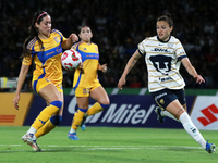 Stephanie Ribeiro #7 of Pumas Femenil and Greta Espinoza #4 of Tigres Femenil fight for the ball during the quarterfinals, first leg, of the...