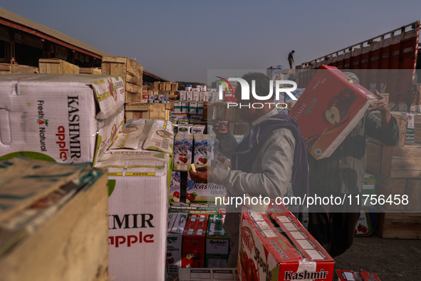 A trader drinks tea as laborers load apple boxes onto trucks, which are sent to different parts of the country from Asia's second-largest fr...