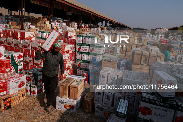 Labourers load apple boxes onto trucks, which are sent to different parts of the country from Asia's second-largest fruit mandi in Sopore, J...