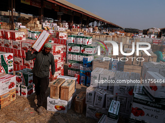 Labourers load apple boxes onto trucks, which are sent to different parts of the country from Asia's second-largest fruit mandi in Sopore, J...