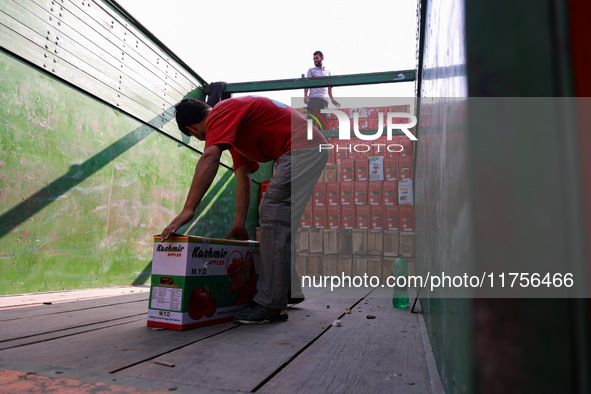 Labourers load apple boxes onto trucks, which are sent to different parts of the country from Asia's second-largest fruit mandi in Sopore, J...