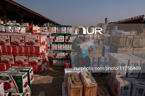 Labourers load apple boxes onto trucks, which are sent to different parts of the country from Asia's second-largest fruit mandi in Sopore, J...