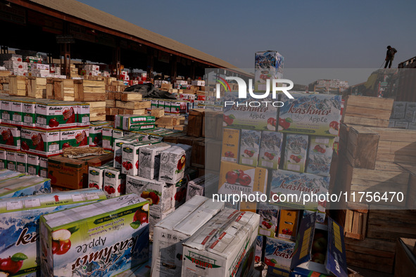 Labourers load apple boxes onto trucks, which are sent to different parts of the country from Asia's second-largest fruit mandi in Sopore, J...