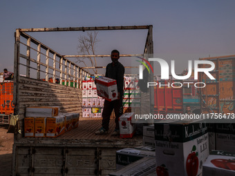 Labourers load apple boxes onto trucks, which are sent to different parts of the country from Asia's second-largest fruit mandi in Sopore, J...