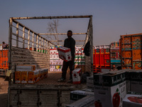 Labourers load apple boxes onto trucks, which are sent to different parts of the country from Asia's second-largest fruit mandi in Sopore, J...