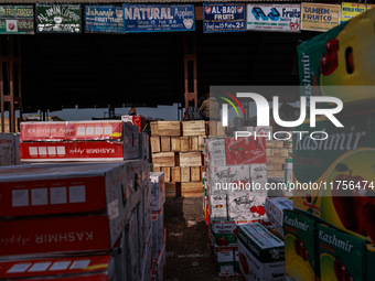 Labourers load apple boxes onto trucks, which are sent to different parts of the country from Asia's second-largest fruit mandi in Sopore, J...