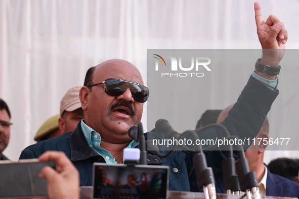 Deputy Chief Minister Surinder Kumar Choudhary speaks during a program at Asia's 2nd Largest Fruit Mandi in Sopore, Jammu and Kashmir, India...