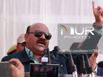 Deputy Chief Minister Surinder Kumar Choudhary speaks during a program at Asia's 2nd Largest Fruit Mandi in Sopore, Jammu and Kashmir, India...