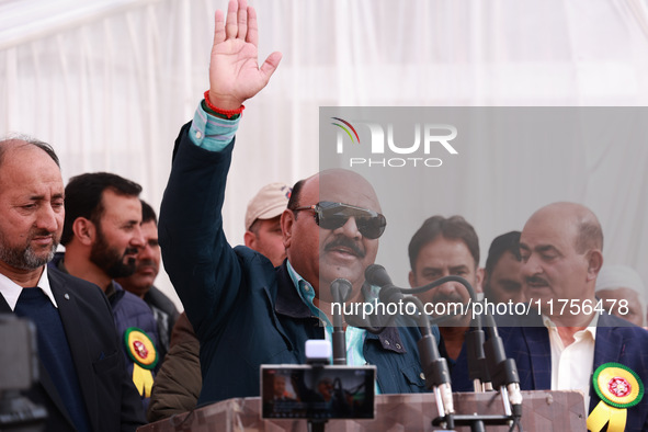 Deputy Chief Minister Surinder Kumar Choudhary speaks during a program at Asia's 2nd Largest Fruit Mandi in Sopore, Jammu and Kashmir, India...