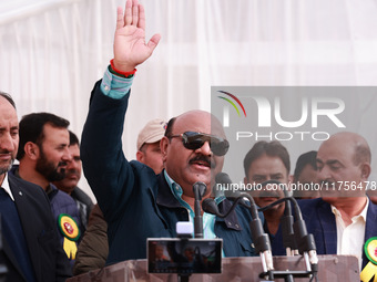 Deputy Chief Minister Surinder Kumar Choudhary speaks during a program at Asia's 2nd Largest Fruit Mandi in Sopore, Jammu and Kashmir, India...