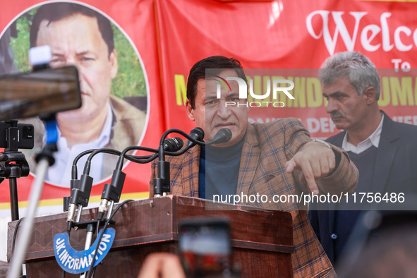 National Conference Leader and Minister Javid Ahmad Dar speaks during a program at Asia's second largest fruit market in Sopore, Jammu and K...