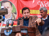 National Conference Leader and Minister Javid Ahmad Dar speaks during a program at Asia's second largest fruit market in Sopore, Jammu and K...