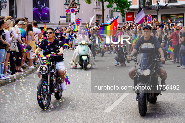 Dykes on Bikes lead the Christopher Street Day (CSD) Munich parade in Munich, Germany, on June 22, 2024. Motorcycle riders, many adorned wit...