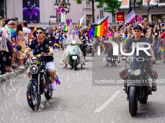 Dykes on Bikes lead the Christopher Street Day (CSD) Munich parade in Munich, Germany, on June 22, 2024. Motorcycle riders, many adorned wit...