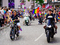 Dykes on Bikes lead the Christopher Street Day (CSD) Munich parade in Munich, Germany, on June 22, 2024. Motorcycle riders, many adorned wit...