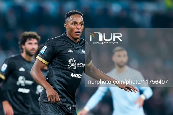 Yerry Mina of Cagliari Calcio looks on during the Serie A Enilive match between SS Lazio and Cagliari Calcio at Stadio Olimpico on November...