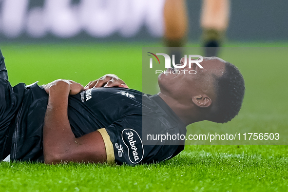 Yerry Mina of Cagliari Calcio lies down on the pitch during the Serie A Enilive match between SS Lazio and Cagliari Calcio at Stadio Olimpic...