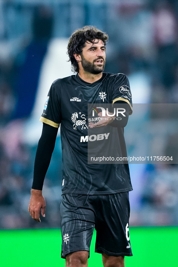 Sebastiano Luperto of Cagliari Calcio gestures during the Serie A Enilive match between SS Lazio and Cagliari Calcio at Stadio Olimpico on N...