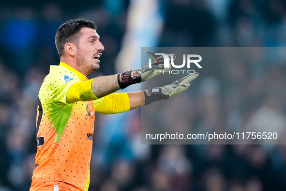 Simone Scuffet of Cagliari Calcio gestures during the Serie A Enilive match between SS Lazio and Cagliari Calcio at Stadio Olimpico on Novem...