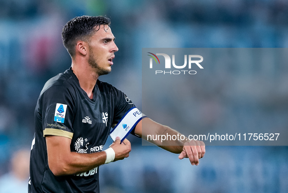 Gabriele Zappa of Cagliari Calcio gestures during the Serie A Enilive match between SS Lazio and Cagliari Calcio at Stadio Olimpico on Novem...