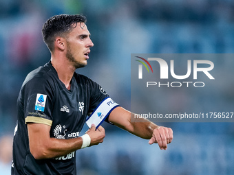 Gabriele Zappa of Cagliari Calcio gestures during the Serie A Enilive match between SS Lazio and Cagliari Calcio at Stadio Olimpico on Novem...