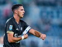 Gabriele Zappa of Cagliari Calcio gestures during the Serie A Enilive match between SS Lazio and Cagliari Calcio at Stadio Olimpico on Novem...