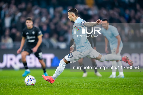 Mattia Zaccagni of SS Lazio scores second goal during the Serie A Enilive match between SS Lazio and Cagliari Calcio at Stadio Olimpico on N...