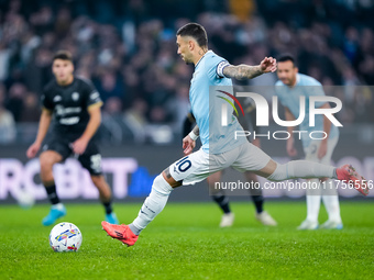 Mattia Zaccagni of SS Lazio scores second goal during the Serie A Enilive match between SS Lazio and Cagliari Calcio at Stadio Olimpico on N...