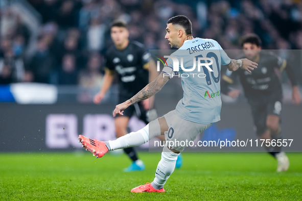 Mattia Zaccagni of SS Lazio scores second goal during the Serie A Enilive match between SS Lazio and Cagliari Calcio at Stadio Olimpico on N...